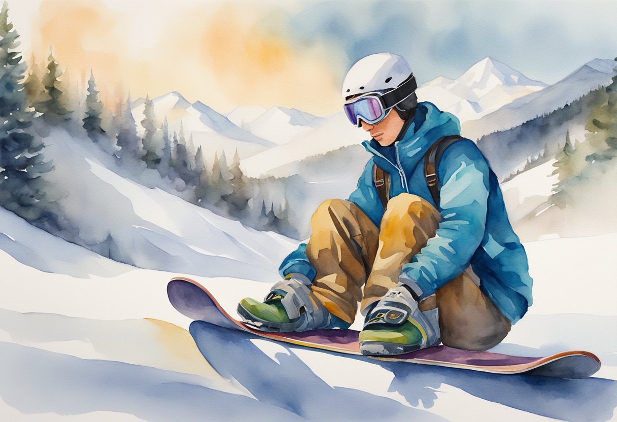 A snowboarder buckles their boots, adjusts their goggles, and grabs their board before heading towards the snowy slopes