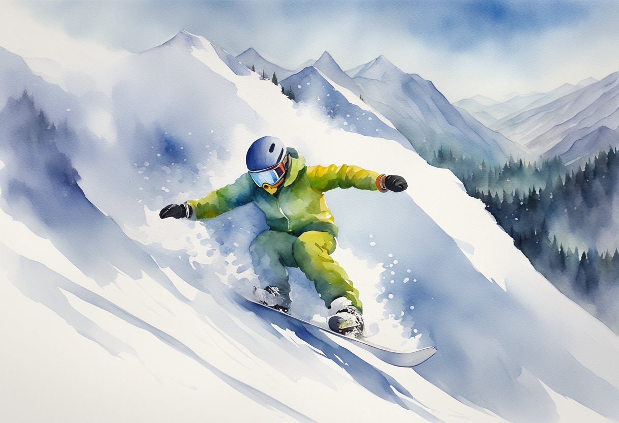 A snowboarder carving down a snowy mountain, practicing turns and jumps