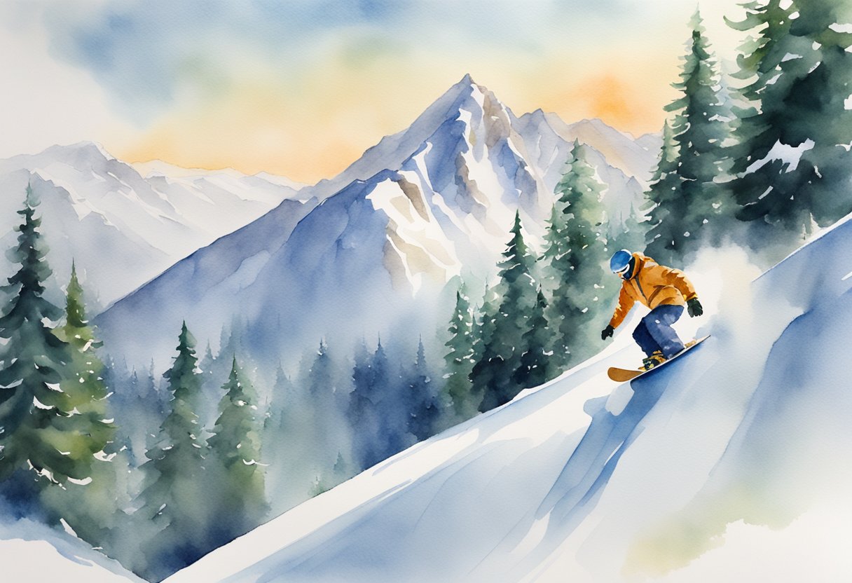 A snowboard pro demonstrates beginner techniques on a pristine snowy slope, surrounded by towering mountains and evergreen trees