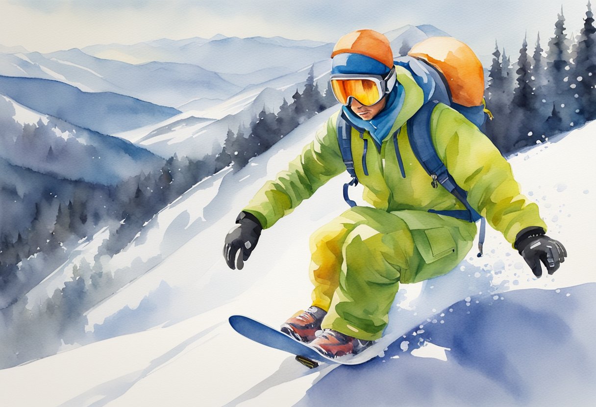 A snowboarder wearing safety gear and following etiquette guidelines on a snowy mountain slope