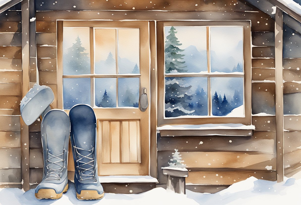 A snowboard leaning against a wooden cabin, with a pair of boots and a helmet placed nearby. Snowflakes falling gently in the background