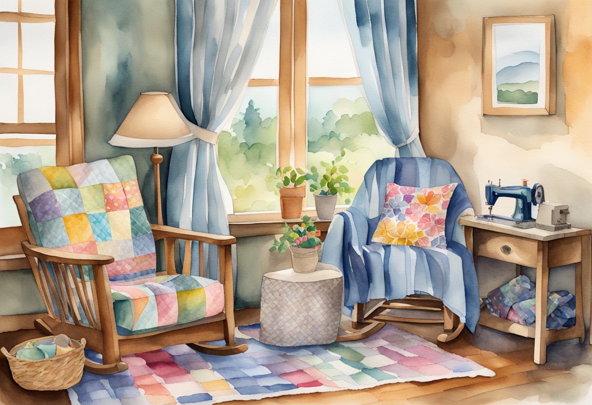 A cozy living room with a colorful quilt draped over a wooden rocking chair, a basket of fabric scraps, and a sewing machine on a table