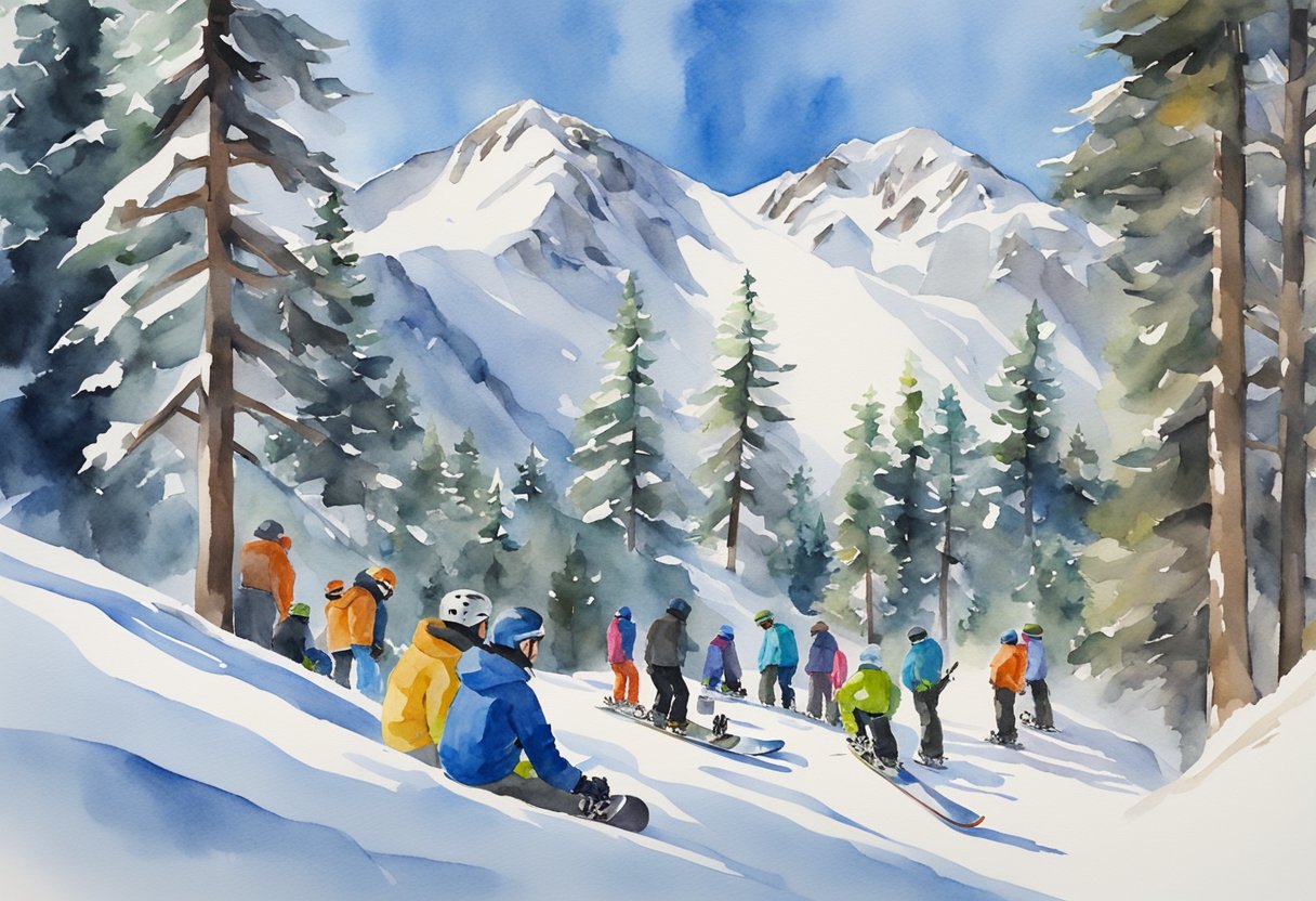 A group of snowboarders gather at the base of a mountain, adjusting their gear and chatting excitedly before hitting the slopes. Snow-covered trees and a clear blue sky provide a picturesque backdrop