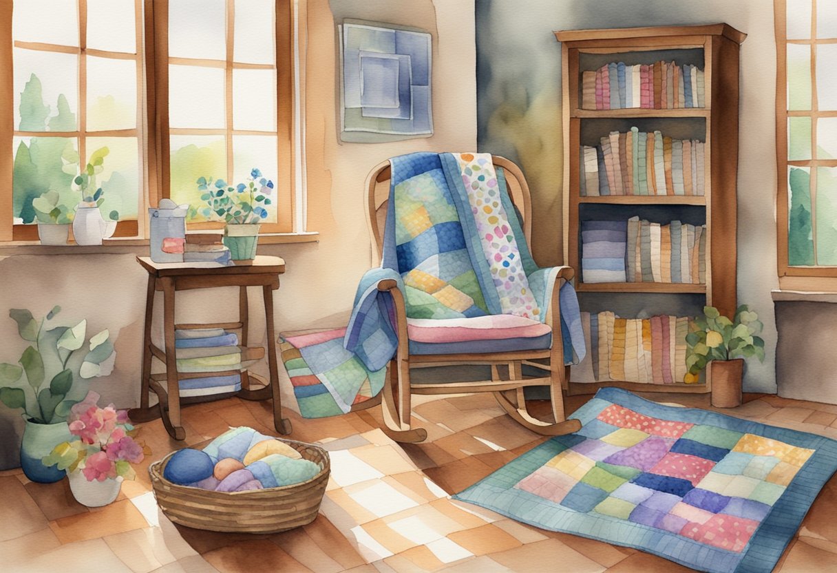 A cozy living room with a wooden rocking chair, a colorful quilt draped over the back, and a basket of fabric scraps and quilting supplies on the floor