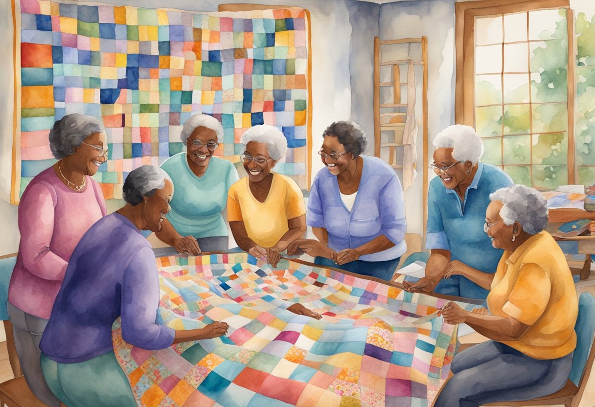 A group of people of different ages and backgrounds gather around a large quilting frame, each contributing to the creation of a colorful and intricate quilt. The room is filled with laughter and conversation as they work together