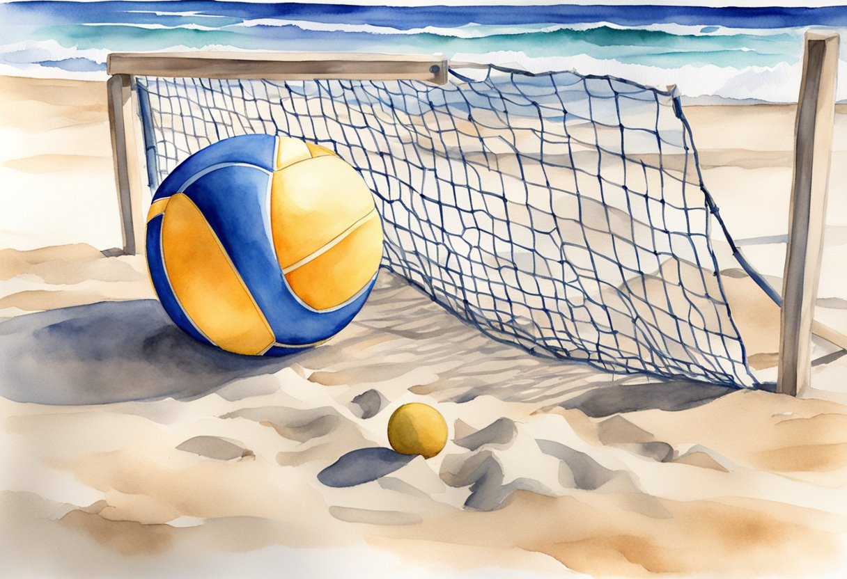 A volleyball lying on the sand next to a beach chair and a cooler, with a net in the background