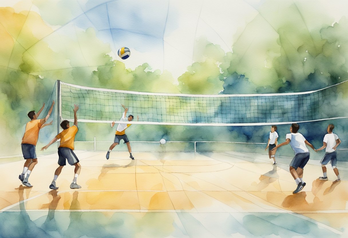 A volleyball court with a net, ball, and players in action