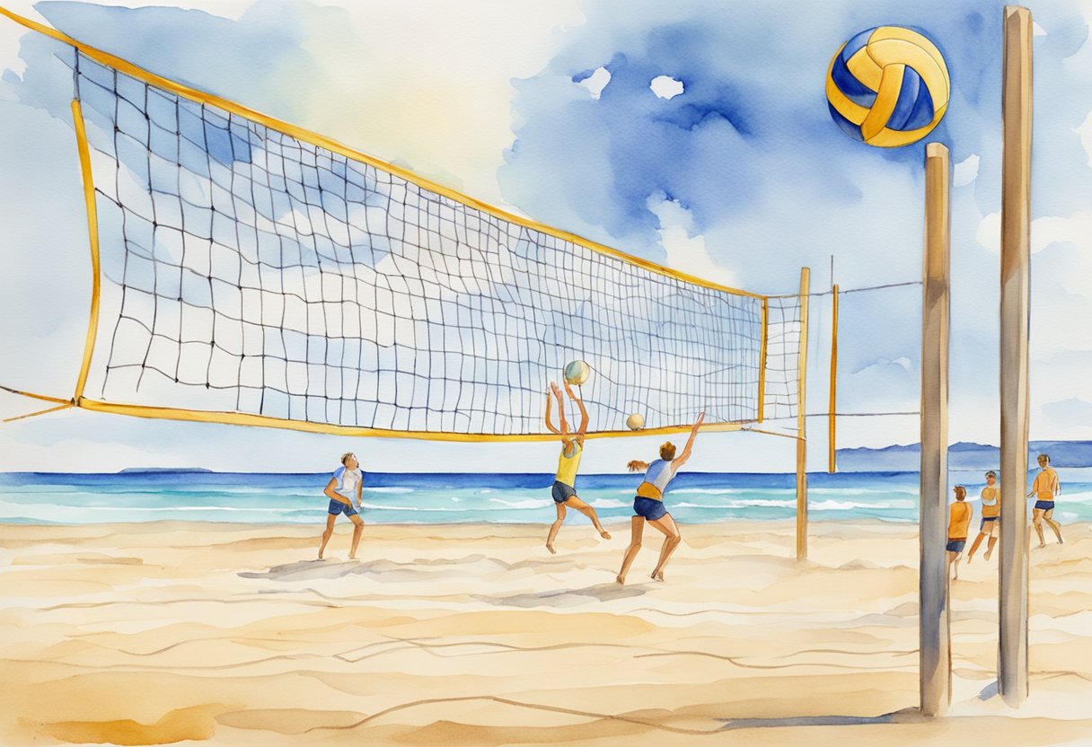 A volleyball net set up on a sandy beach, with a ball mid-air and a player in the background practicing serves