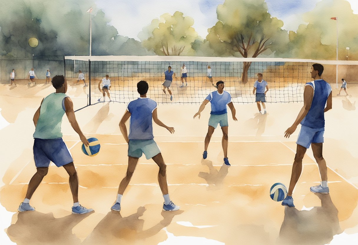 A group of players on a sandy court, serving, passing, and spiking a volleyball back and forth. The net divides the two teams as they move and communicate