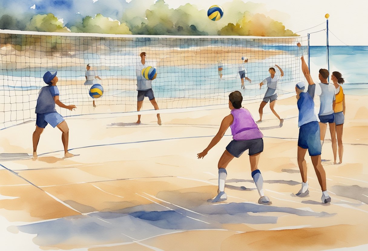 A group of players practicing volleyball drills on a sandy beach court with a net, while a coach provides guidance and encouragement