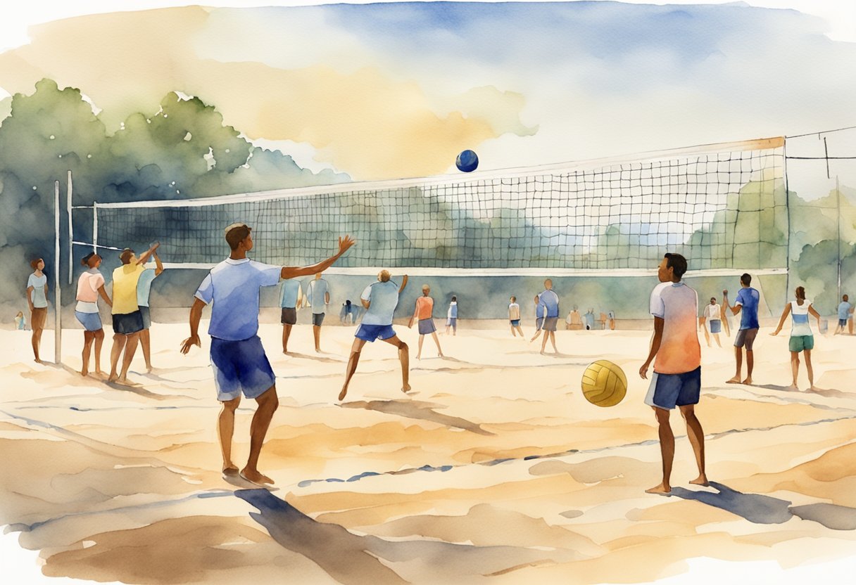 A group of people gather on a sandy volleyball court, practicing serves and spikes under the guidance of a coach