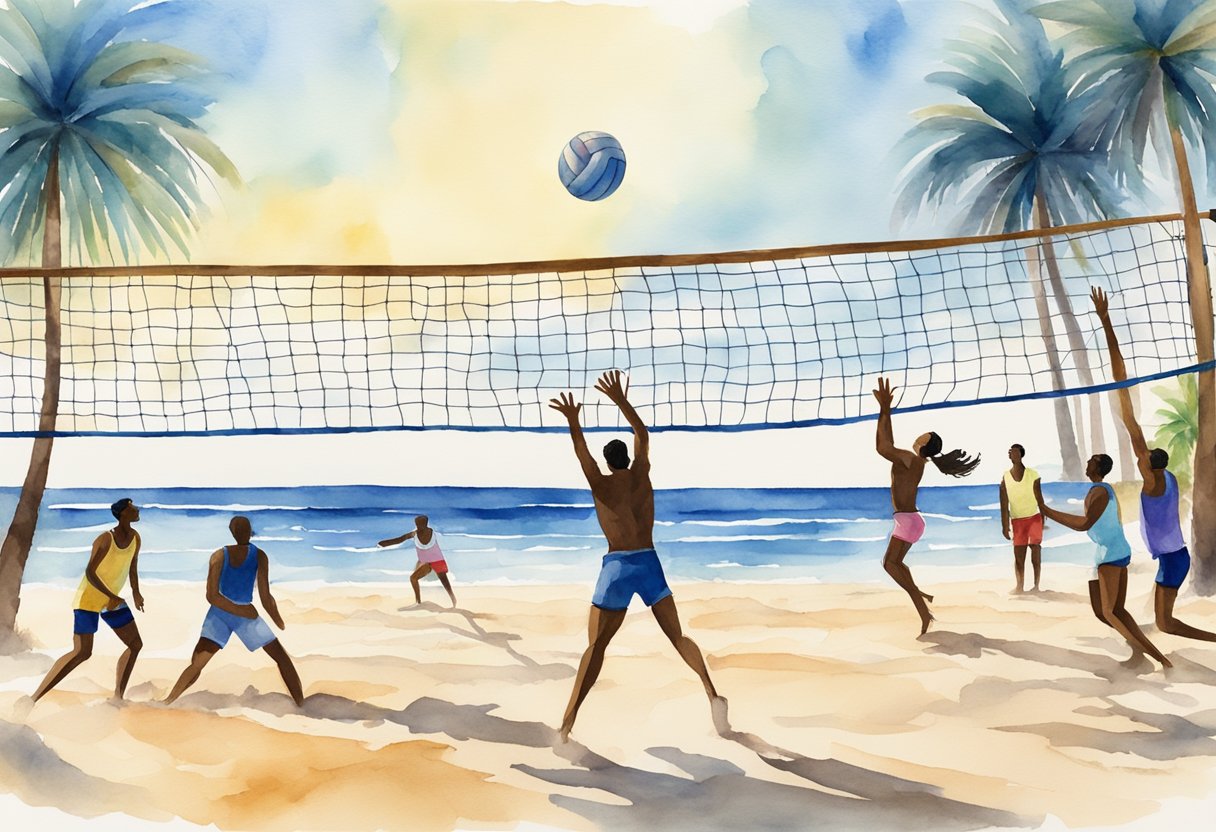 A group of players on a sandy beach, diving, spiking, and setting the volleyball over a net, with a clear blue sky and palm trees in the background