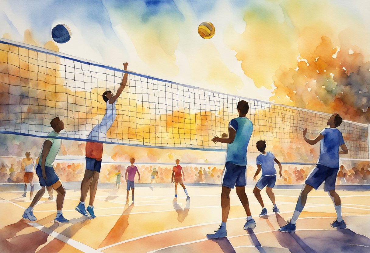 A group of players on a volleyball court, practicing serves and spikes under the guidance of a coach. The net divides the court, while the bright sun shines down on the players