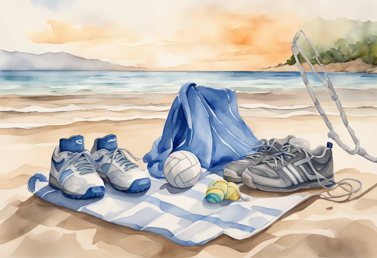 A volleyball net set up on a sandy beach, with a pair of volleyball shoes and knee pads lying nearby. A water bottle and towel are also placed next to the gear