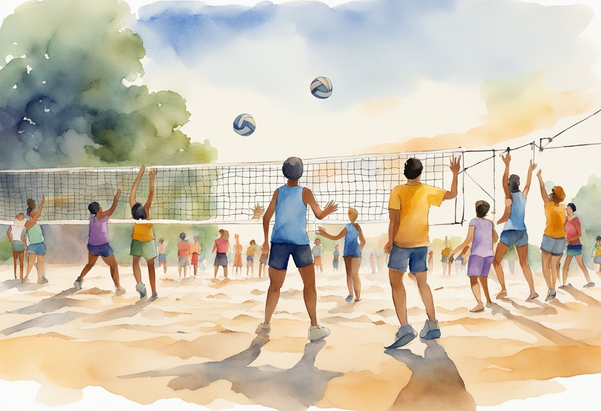 A group of people of various ages and backgrounds gather on a sandy volleyball court, practicing serves and spikes under the guidance of a coach