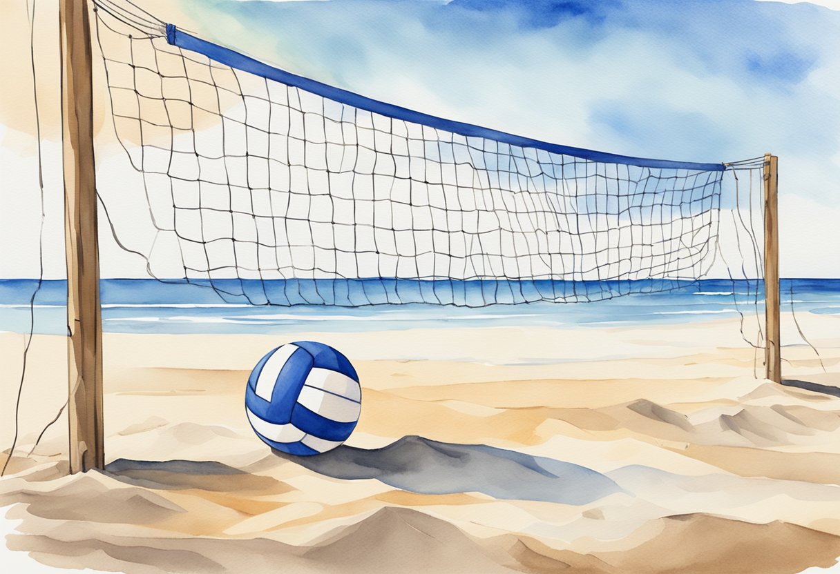 A volleyball net stretched between two poles on a sandy beach, with a ball lying in the foreground and a clear blue sky in the background