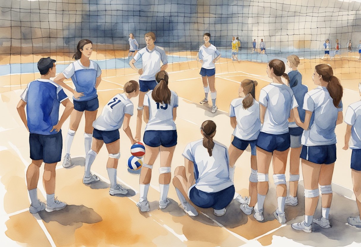 A group of volleyball players gather around a coach, listening intently as they learn the basics of the game. Volleyballs and nets are visible in the background