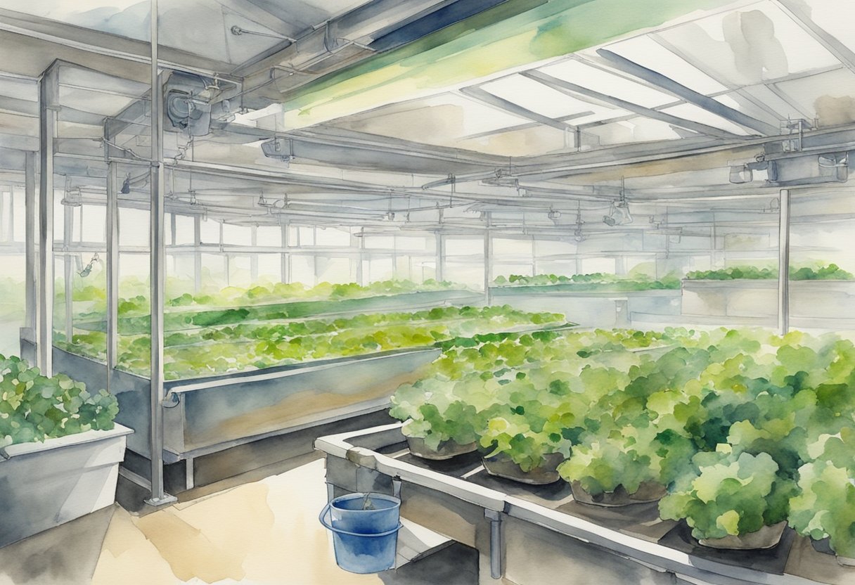 A hydroponic system with nutrient solution, plants in grow medium, and water reservoir