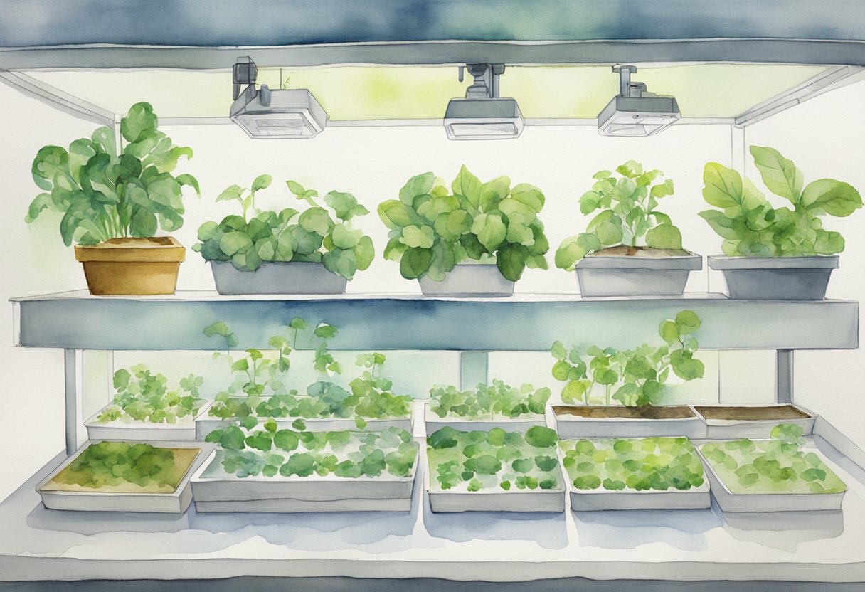 A table with various hydroponic setups: nutrient solutions, water reservoirs, and plants in different stages of growth