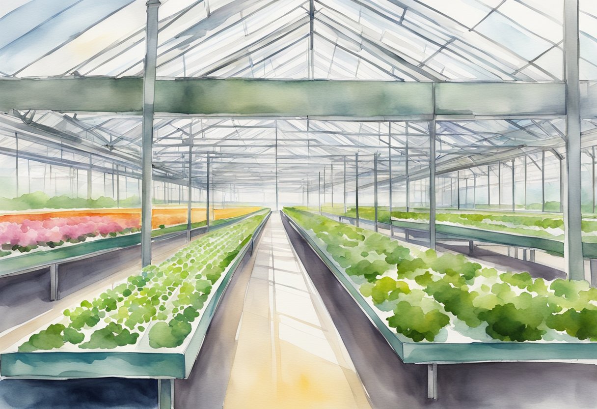 A bright, modern greenhouse with rows of hydroponic systems, LED grow lights, and environmental control equipment