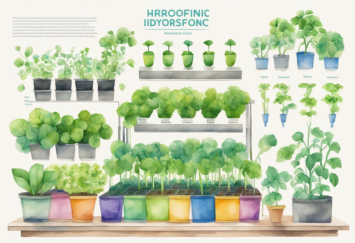 A colorful infographic showing various hydroponic setups with labeled diagrams and plant illustrations