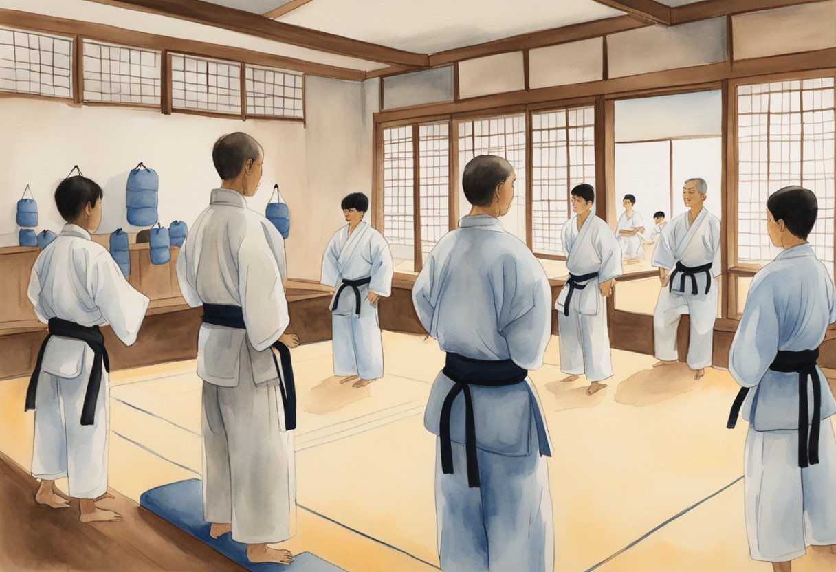 A dojo with mats, punching bags, and training dummies. A sensei demonstrates techniques to a group of students