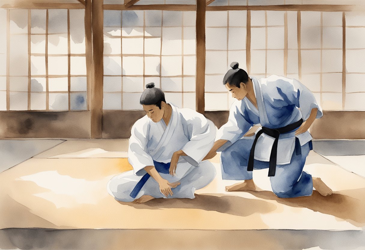 A jujitsu student practicing basic techniques in a traditional dojo setting