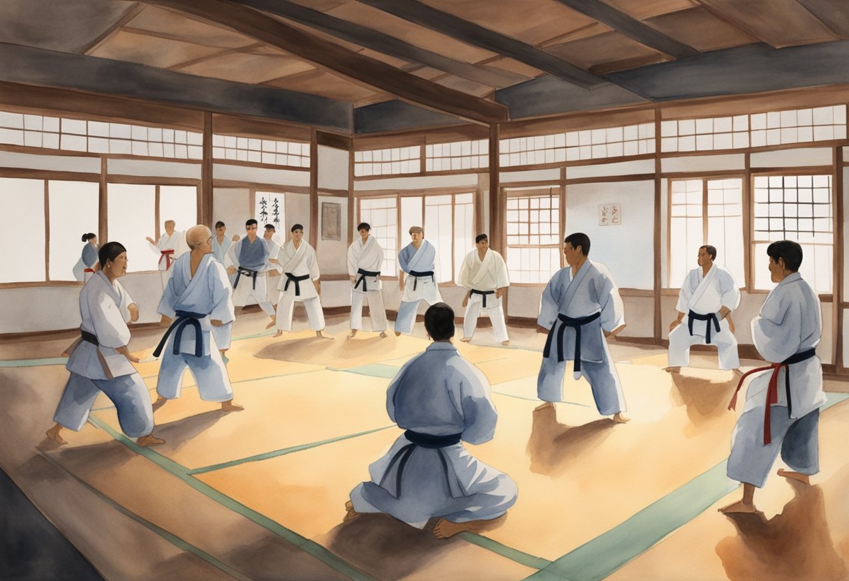 A dojo with mats, punching bags, and a sensei demonstrating jujitsu techniques to a group of eager beginners