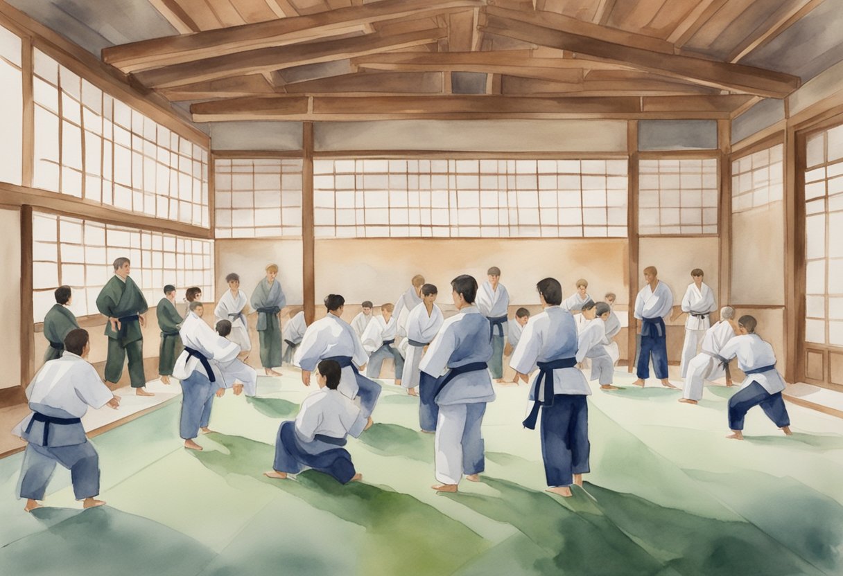 A jujitsu class in a spacious dojo, with students practicing advanced techniques and submissions under the guidance of a skilled instructor