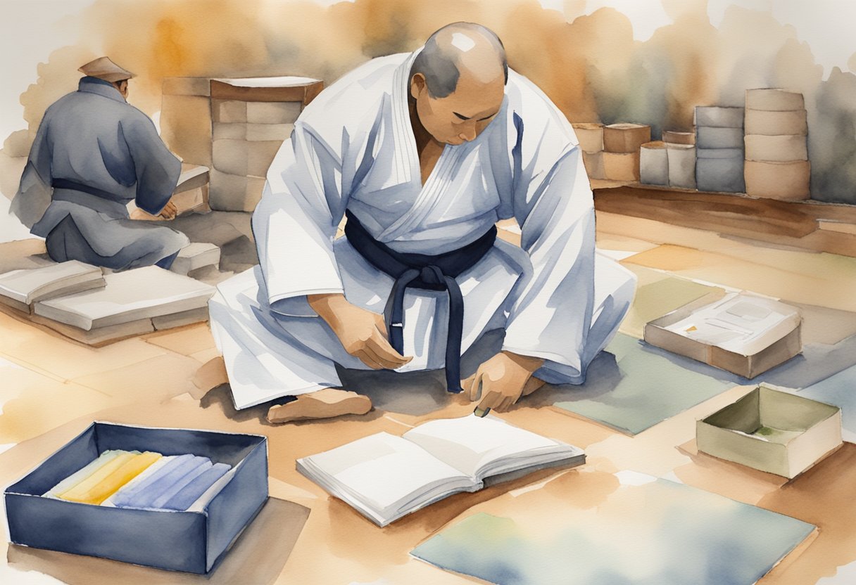 A jujitsu practitioner strategizing and problem-solving on a mat, surrounded by training equipment and instructional materials