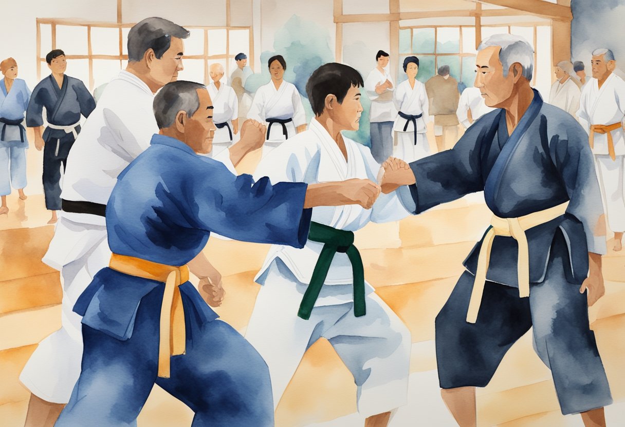 A group of people of various ages and backgrounds practicing jujitsu techniques together in a gym setting, with a sense of camaraderie and mentorship