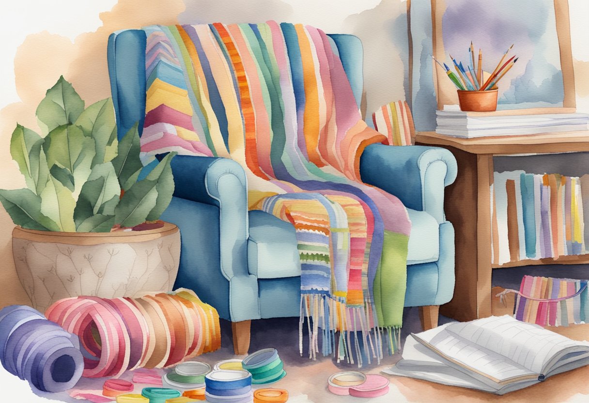 A cozy armchair with a needlepoint project in progress, surrounded by colorful threads, embroidery hoops, and a beginner's guide book