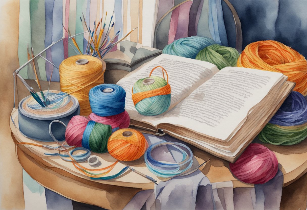 A table with colorful threads, needles, and a hoop, surrounded by a book and a pincushion. A finished needlepoint piece hangs on the wall