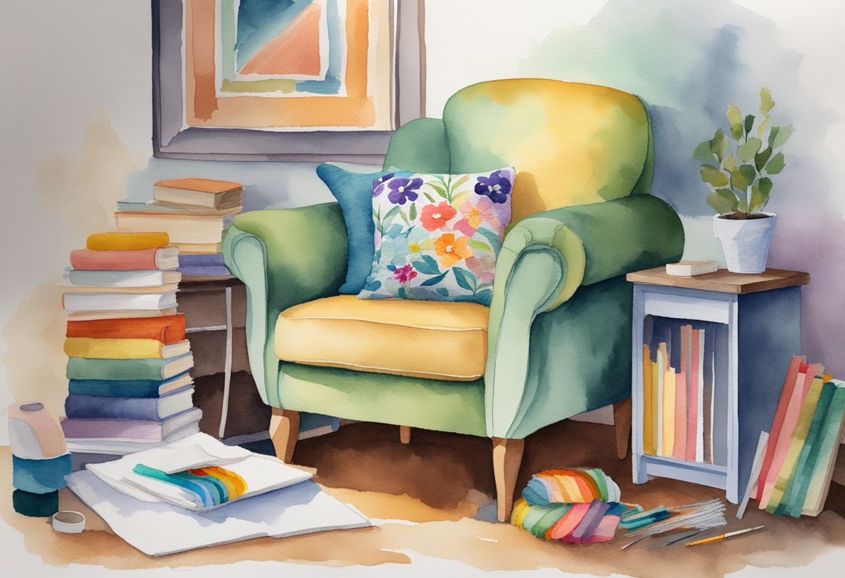 A cozy armchair with a needlepoint project in progress, surrounded by colorful threads, a hoop, and a beginner's guide book