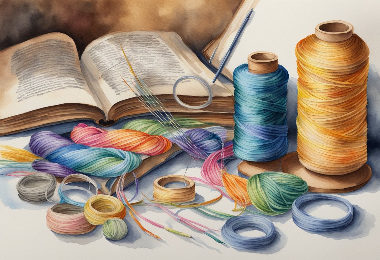 A table with colorful threads, needles, and a hoop, surrounded by a book open to a page on basic needlepoint stitches