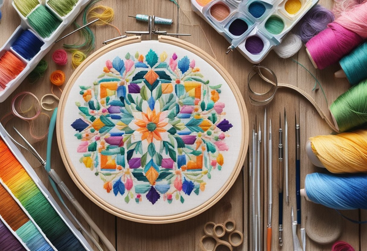 A needlepoint hoop with a colorful, intricate design in progress, surrounded by various threads, needles, and other crafting tools on a wooden table