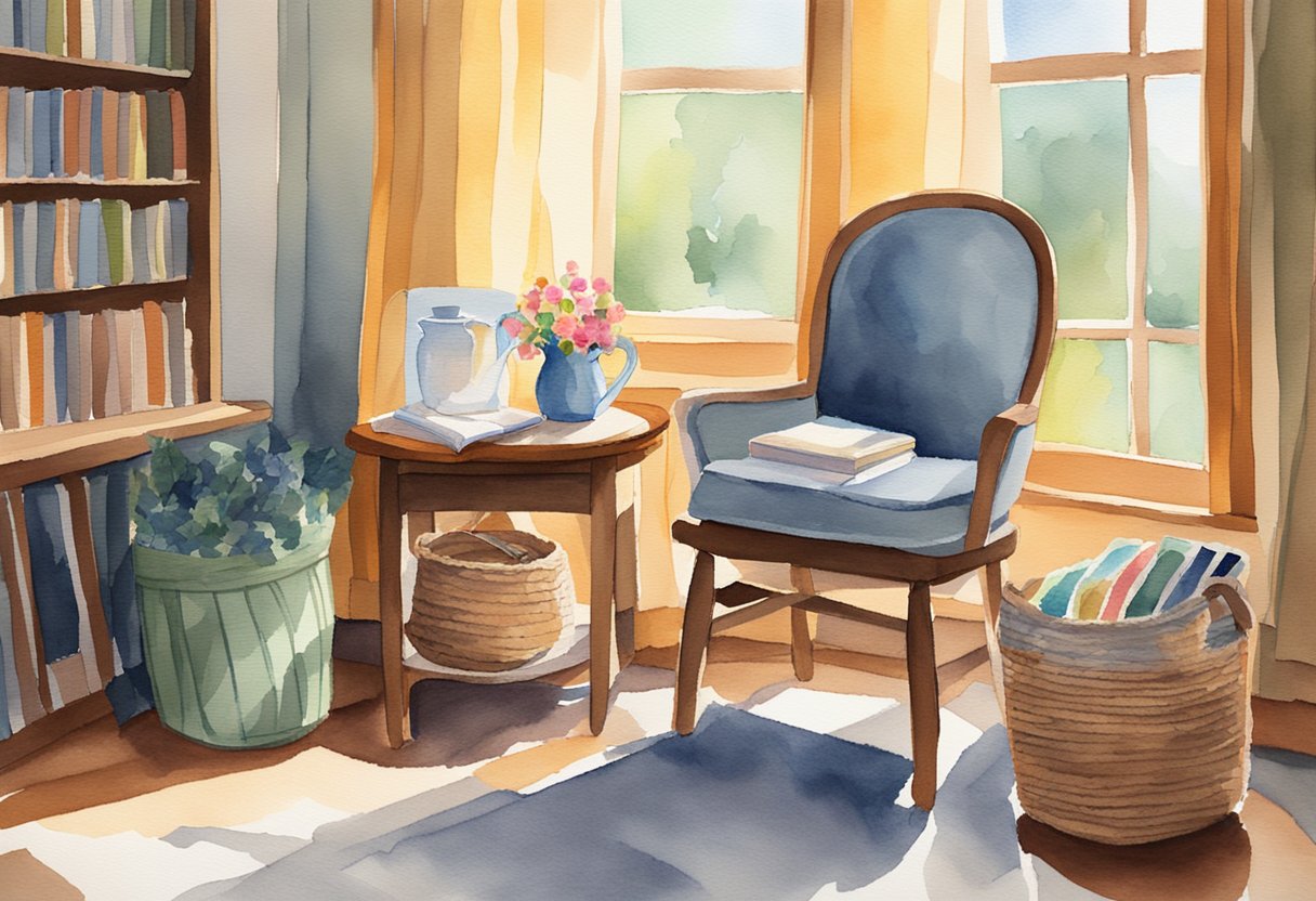 A cozy armchair with a basket of colorful yarn, a needlepoint hoop, and a beginner's guide book on a side table. Sunlight streams in through a window, casting a warm glow on the scene