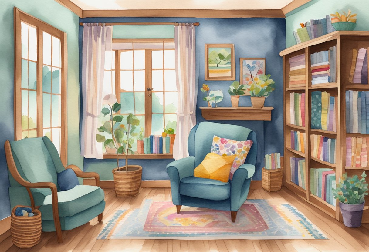 A cozy living room with a comfortable armchair, a wooden embroidery hoop with a colorful needlepoint project, a basket of yarn, and a bookshelf filled with beginner's guides and patterns