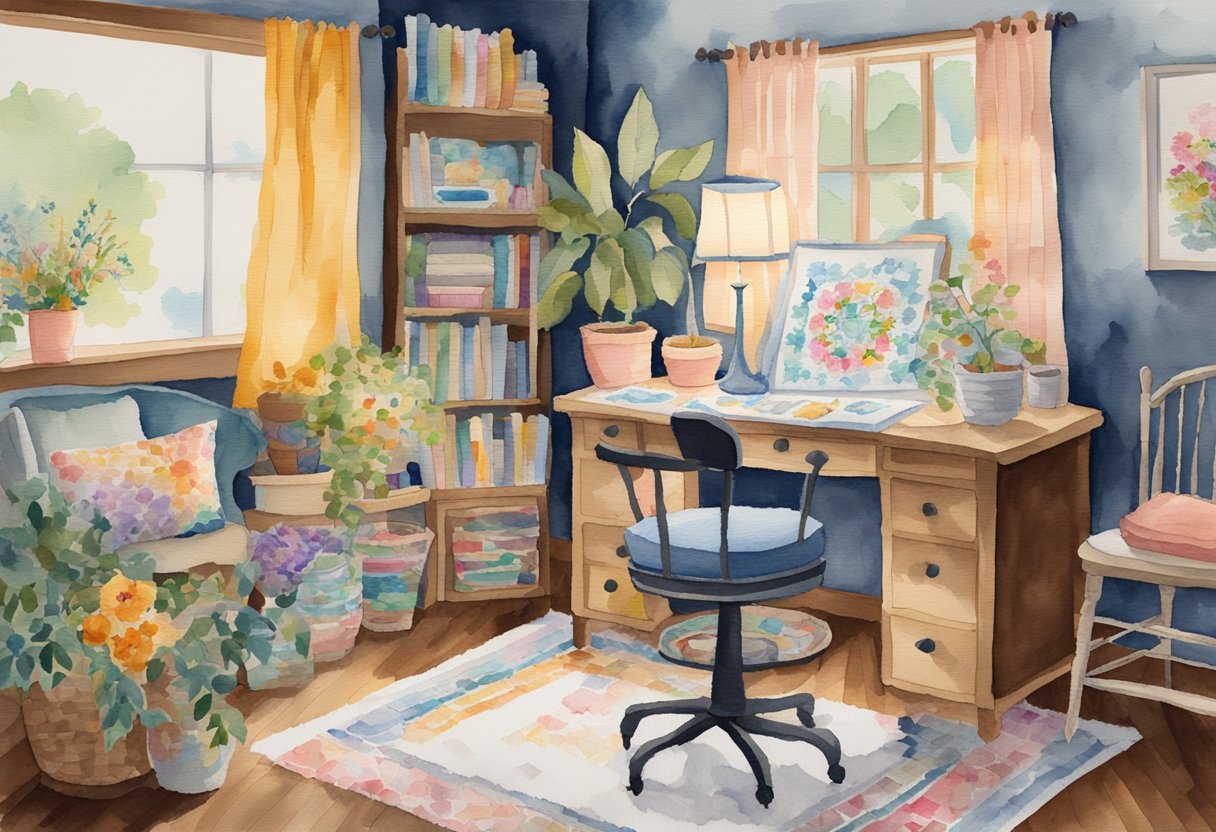 A cozy corner with a comfortable chair and a well-lit table, featuring a colorful needlepoint art piece in progress, surrounded by a variety of threads, needles, and embroidery hoops