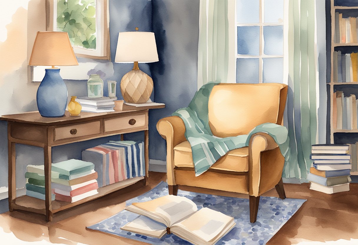 A cozy living room with a comfy armchair, a wooden side table with a needlepoint project in progress, and a stack of beginner’s guide books