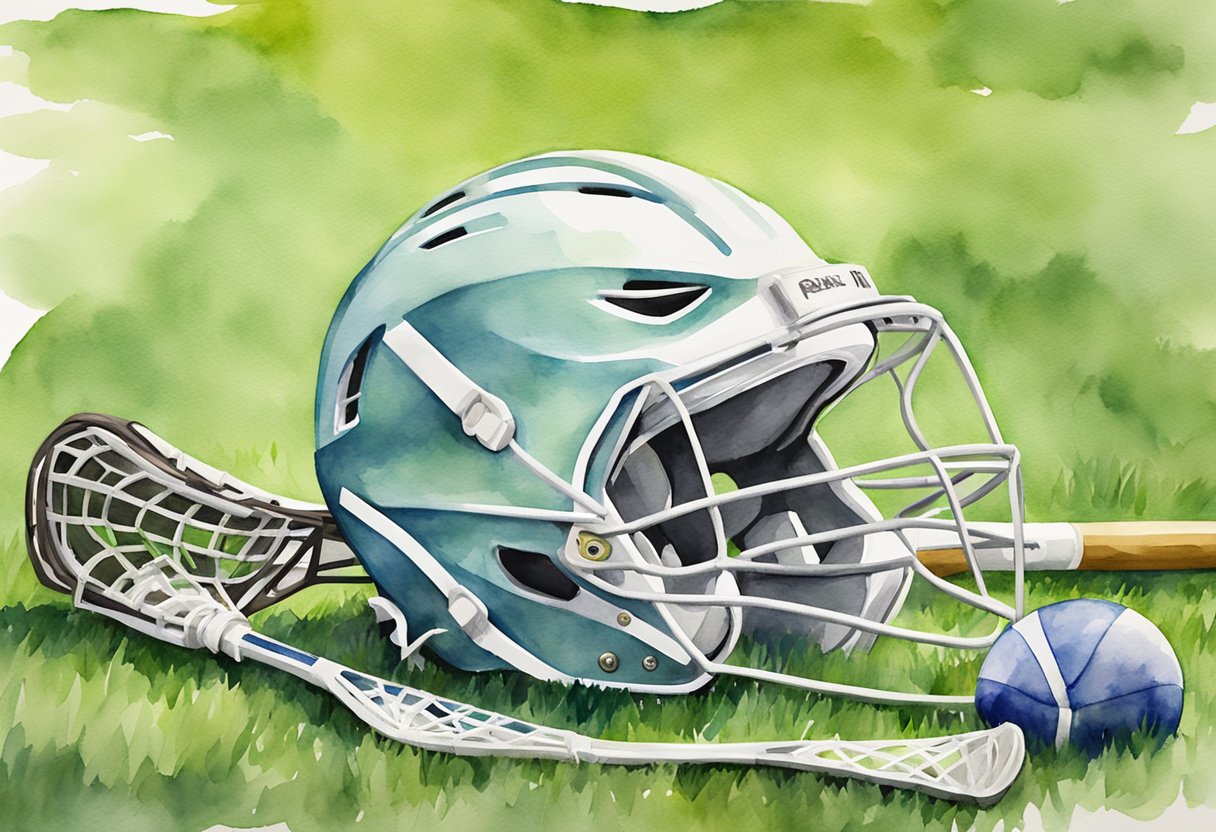 A lacrosse stick, helmet, and ball laid out on a grass field with a goal in the background