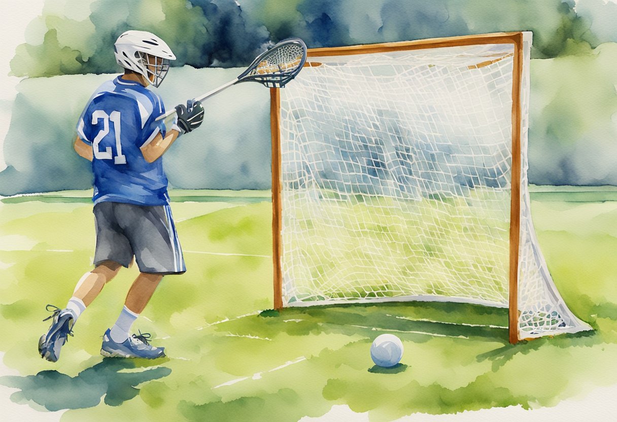 A lacrosse stick, ball, and goal on a grass field, with a player in the distance practicing shooting