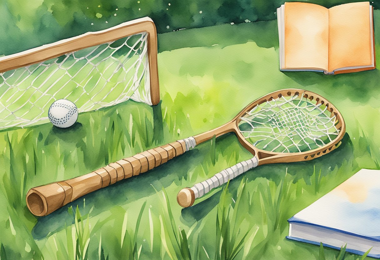 A lacrosse stick, ball, and goal on a grass field with a beginner's guide book open nearby