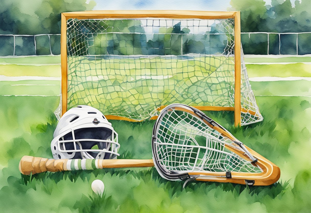 A lacrosse stick, helmet, gloves, and pads arranged on a grass field with a goal in the background