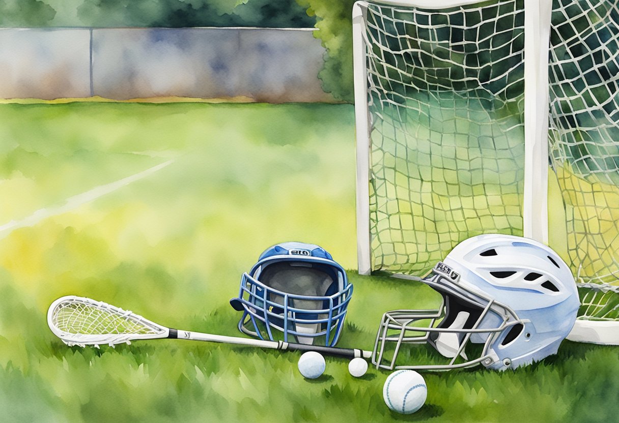 A lacrosse stick, helmet, and ball lay on a grassy field with a goal in the background