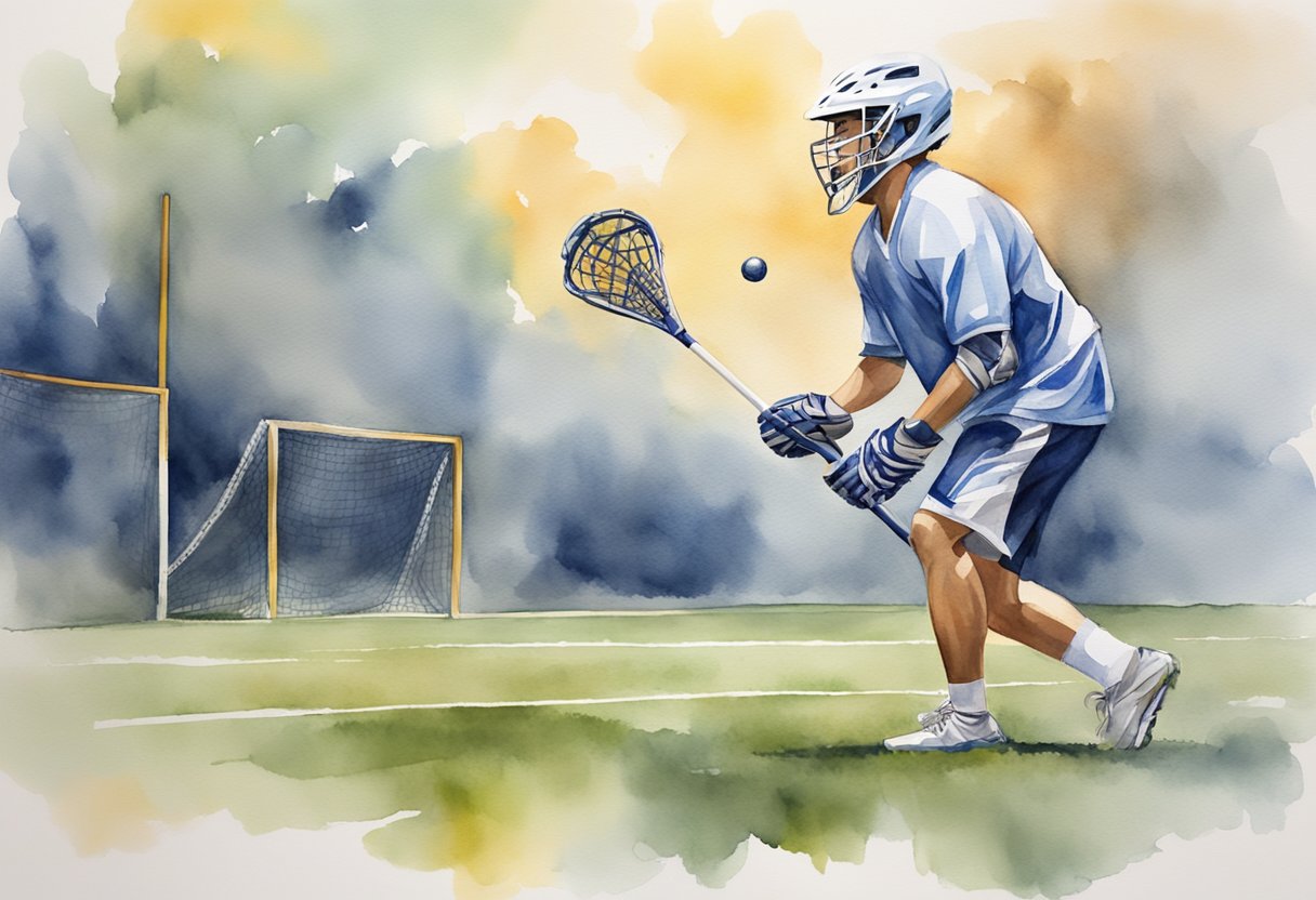 A lacrosse player practices both offensive and defensive strategies on a field, with a stick, ball, and goal in the background