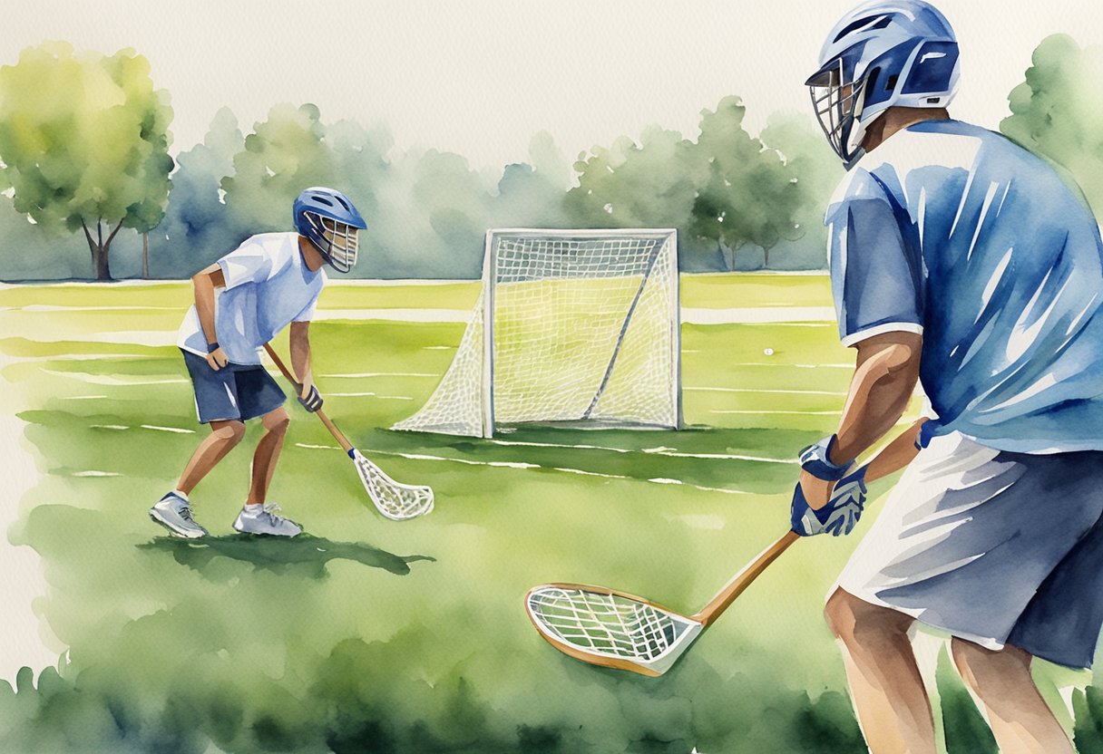 A lacrosse stick, ball, and goal on a grass field with a coach demonstrating proper technique to a beginner player