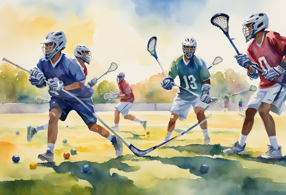 A group of lacrosse players practices passing and communicating on a sunny field, with colorful lacrosse sticks and balls scattered around