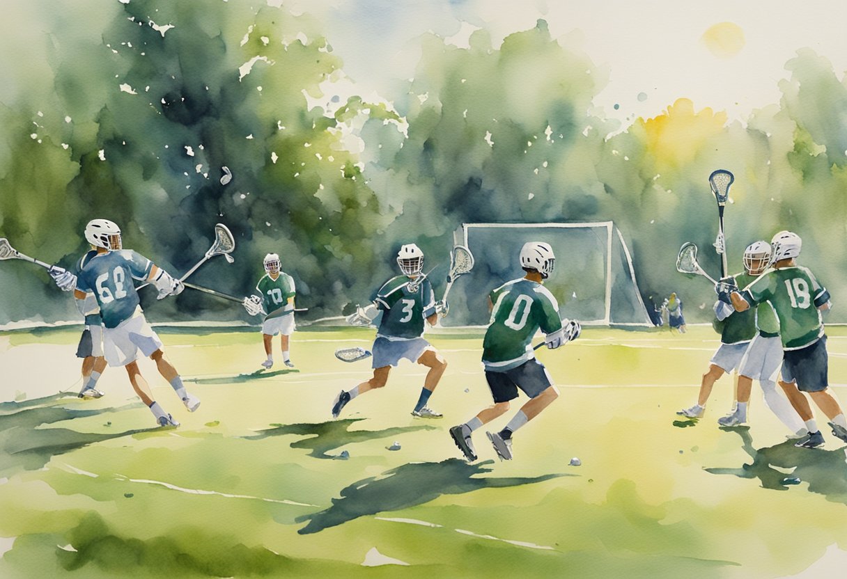 A group of lacrosse players practicing on a green field, while others watch and cheer from the sidelines. The sun is shining and the atmosphere is energetic