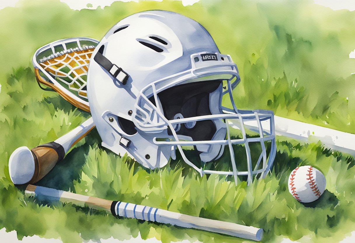 A lacrosse stick, ball, and helmet arranged on a grass field with a beginner's guide book open nearby